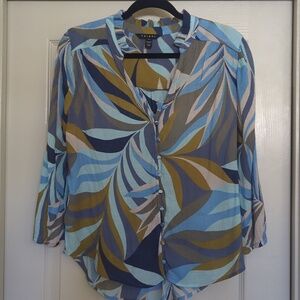 Women's Petite Blue Tribal Button Down Blouse